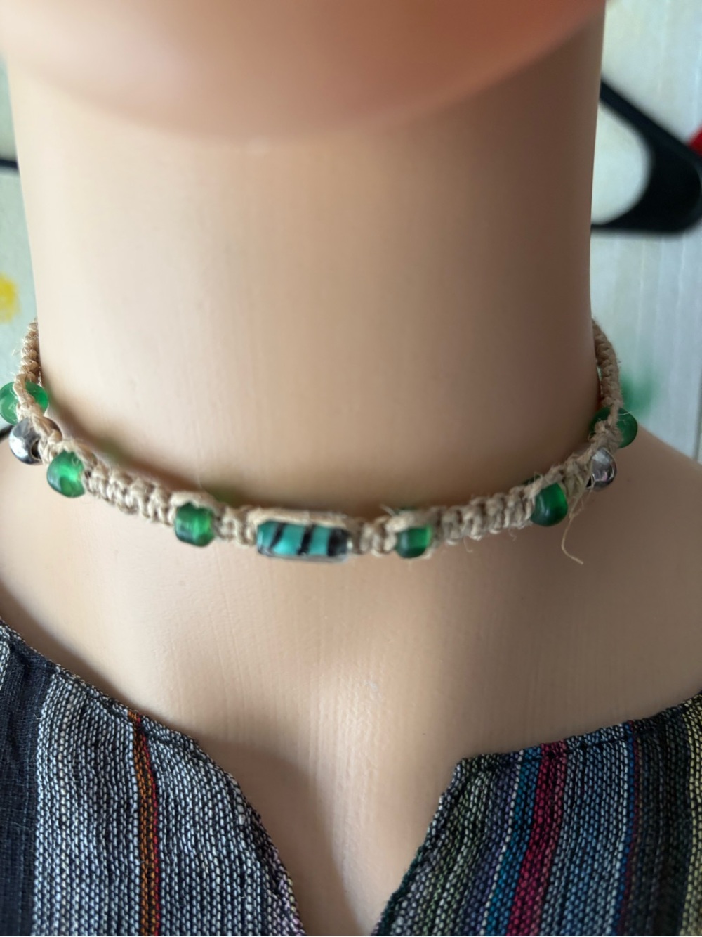 Handmade Green Bead Macrame Choker Necklace. Hemp